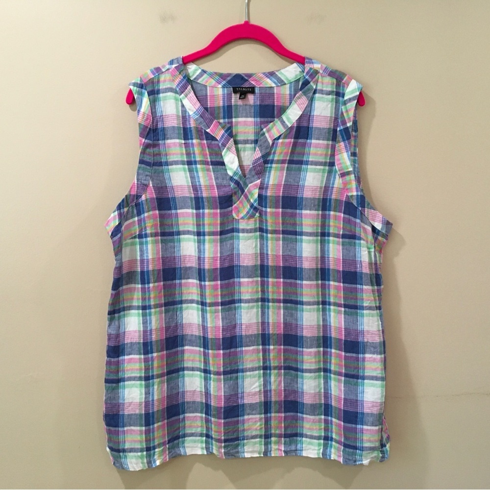 TALBOTS XL Plaid 100% Linen Top  Blue White, Pink, Green, Yellow